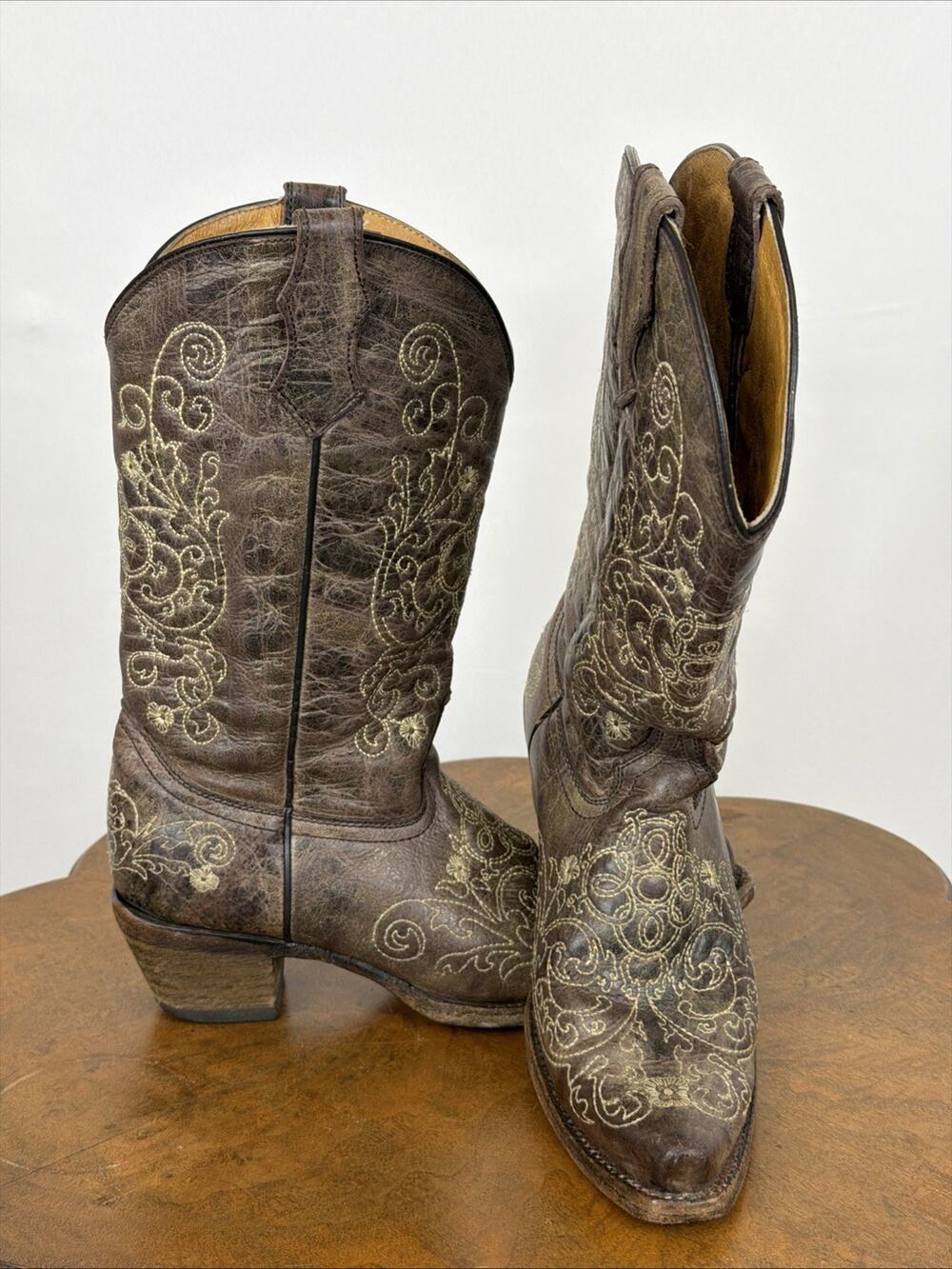Corral Teens Brown Pebble Leather Western Boots Cream Stitching #1637 Size 5